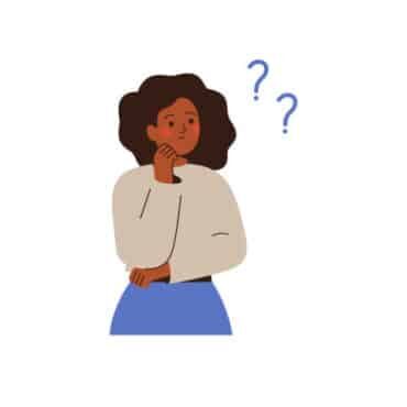 Black businesswoman thinks about something and looks at question marks. Thoughtful African girl makes the decision or explains some things for herself. Vector illustration